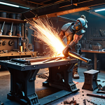 **

A bustling forge interior. Sparks fly as a muscular, futuristic blacksmith hammers a glowing sword. Blueprints are scattered on a workbench overflowing with metal scraps, gears, and zombie parts. A holographic display shows crafting progress and resource levels.

**