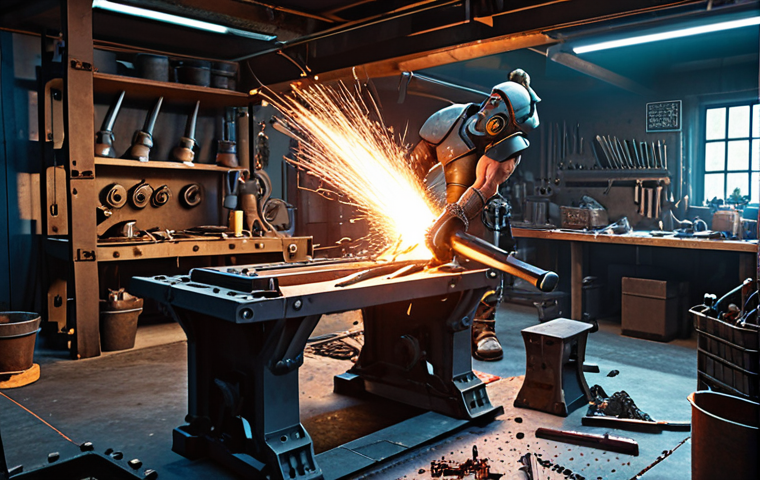 **
A bustling forge interior. Sparks fly as a muscular, futuristic blacksmith hammers a glowing sword. Blueprints are scattered on a workbench overflowing with metal scraps, gears, and zombie parts. A holographic display shows crafting progress and resource levels.
**