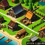 Home 20 에이지오브제트 무과금러 생존법 - A bustling medieval-style resource base in a strategy game, featuring detailed wooden farms, sawmill...