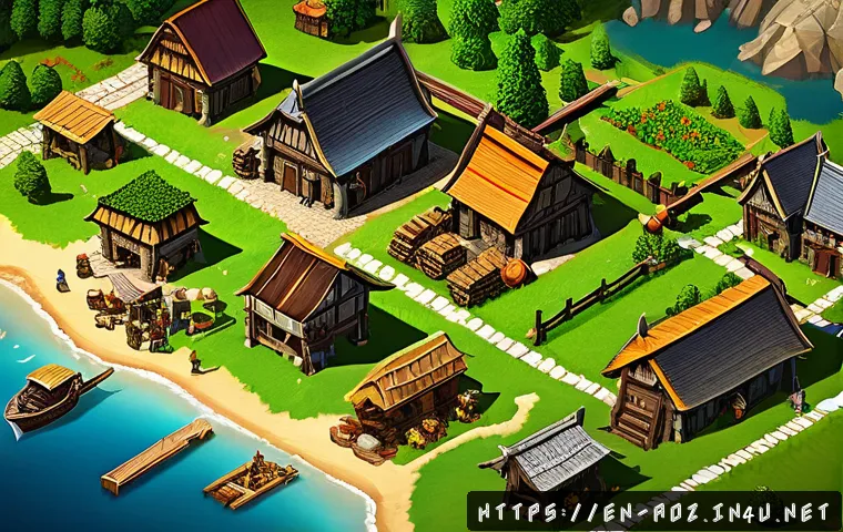 에이지오브제트 무과금러 생존법 - A bustling medieval-style resource base in a strategy game, featuring detailed wooden farms, sawmill...