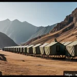 Home 18 에이지오브제트 훈련소 업그레이드 팁 - A high-tech military training camp set in a rugged mountainous terrain during sunset, featuring mult...