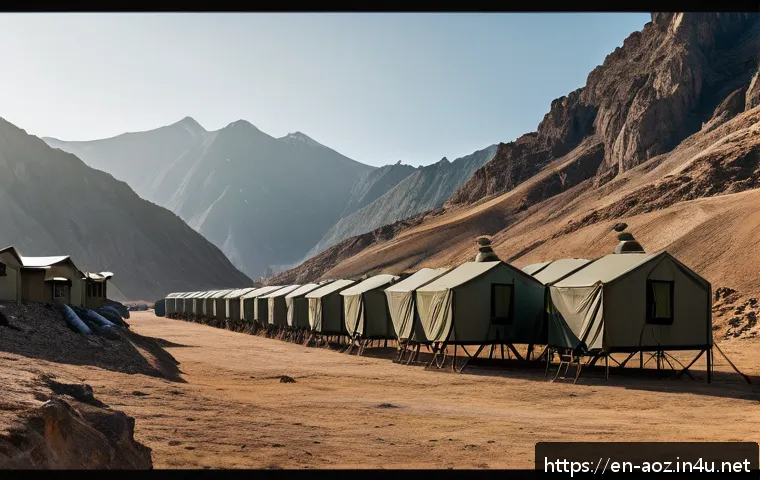 에이지오브제트 훈련소 업그레이드 팁 - A high-tech military training camp set in a rugged mountainous terrain during sunset, featuring mult...