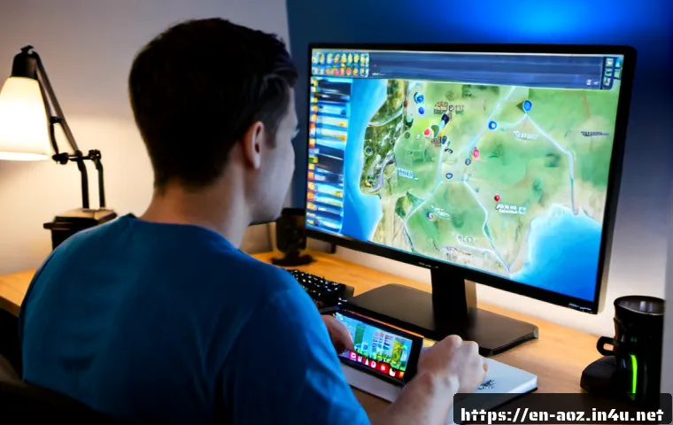 에이지오브제트 명예의 전당 도전법 - Photorealistic over-the-shoulder view of a focused adult gamer at a clean home desk, studying a larg...