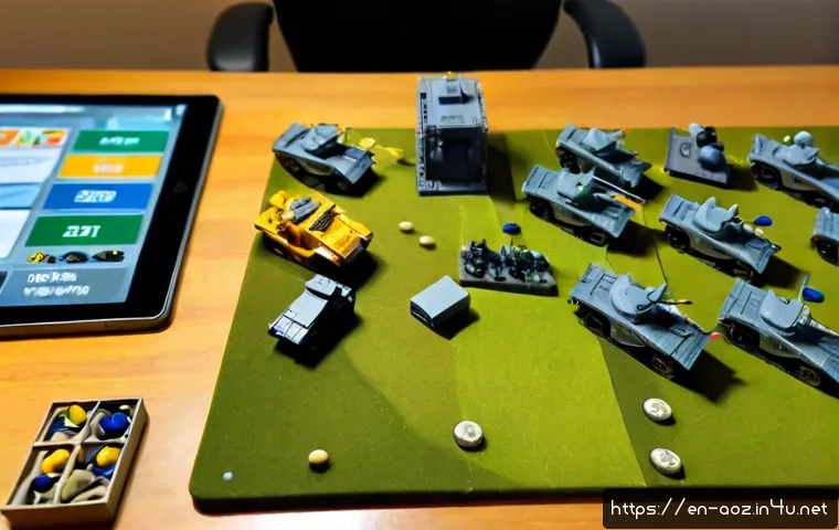 에이지오브제트 유닛 밸런스 평가 - Photorealistic overhead view of a modern strategy gamer’s desk, two evenly arranged miniature milita...